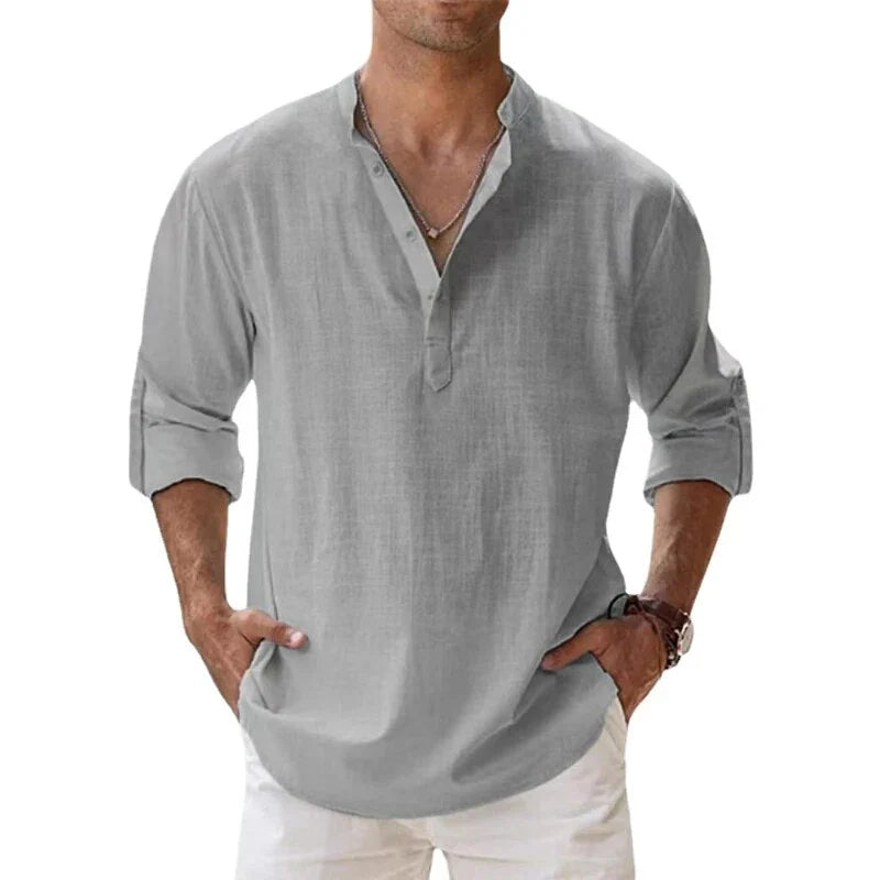 NOUVEAU RICHE Herren Langarm Polo Shirt Mit Chino Kragen Klassisch Hellgrau