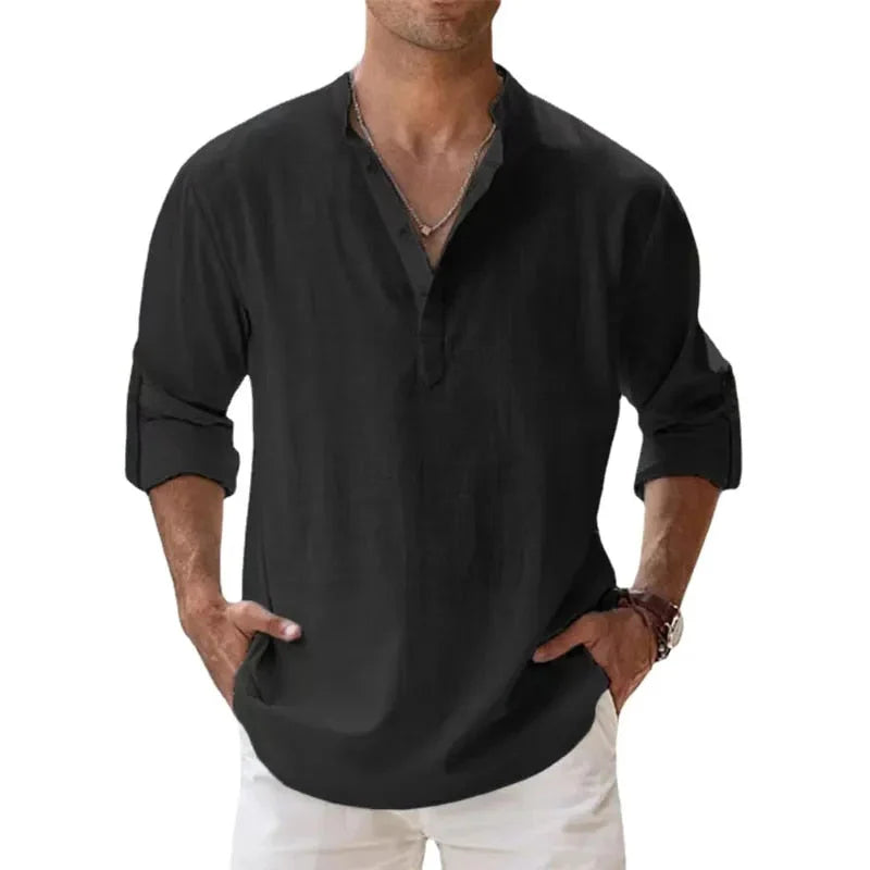 NOUVEAU RICHE Herren Langarm Polo Shirt Mit Chino Kragen Klassisch Schwarz