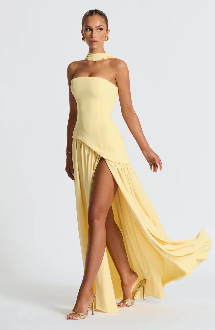 NOUVEAU RICHE Damen Abendkleid – Bicolor & Bustier mit Schal Gelb
