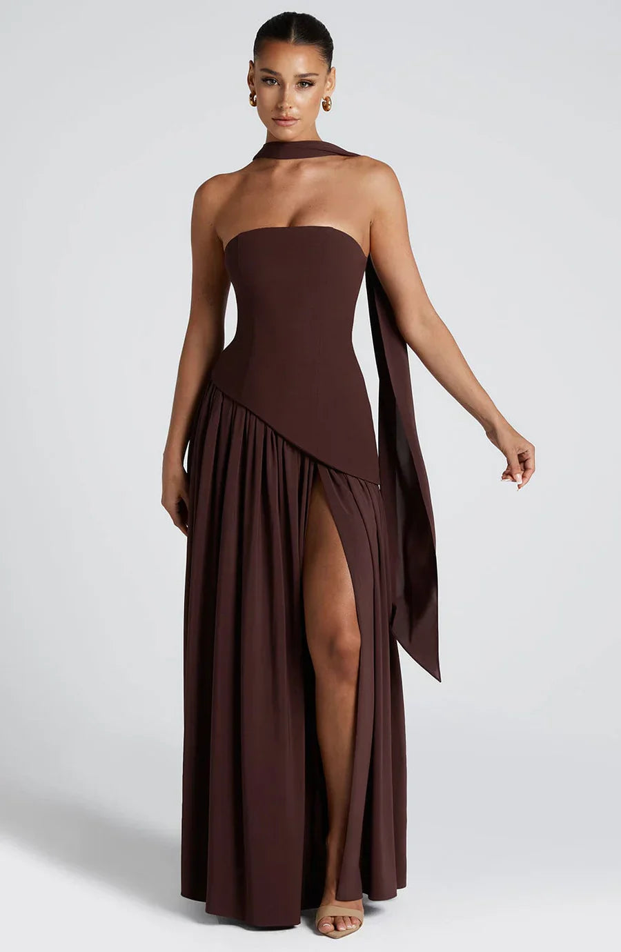 NOUVEAU RICHE Damen Abendkleid – Bicolor & Bustier mit Schal Braun