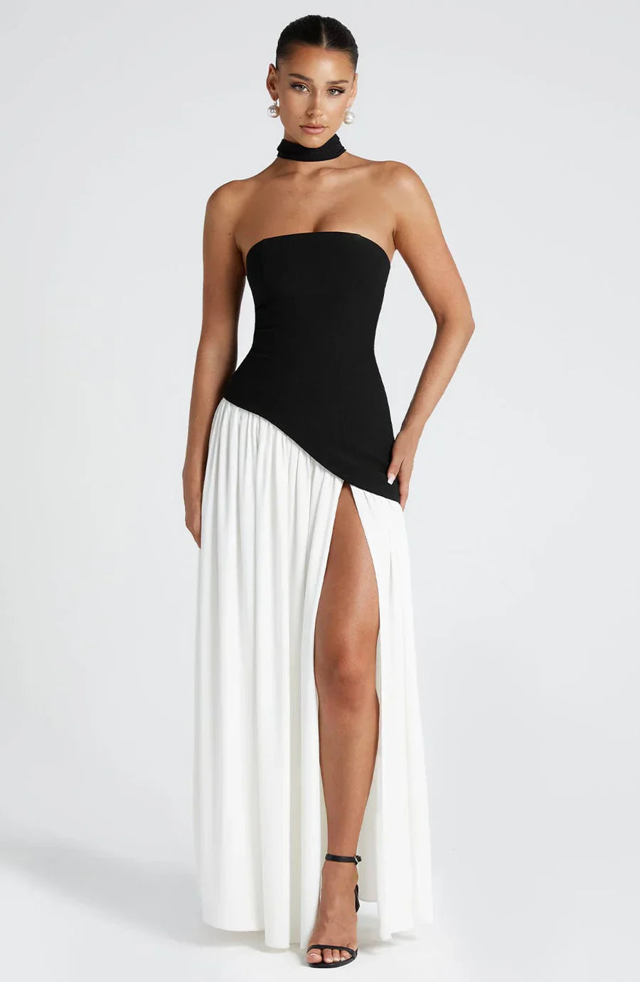 NOUVEAU RICHE Damen Abendkleid – Bicolor & Bustier mit Schal Schwarz