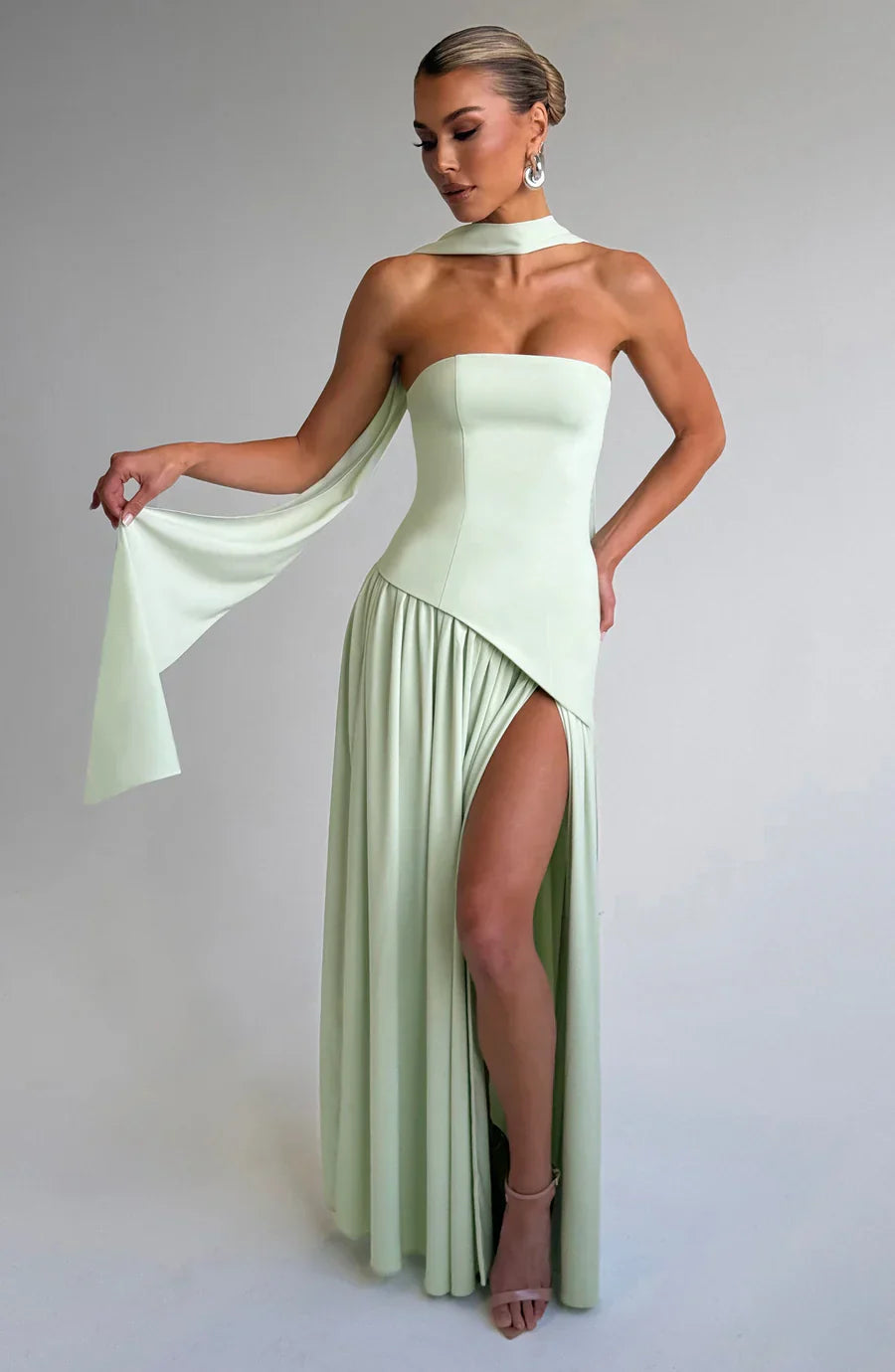 NOUVEAU RICHE Damen Abendkleid – Bicolor & Bustier mit Schal Grün
