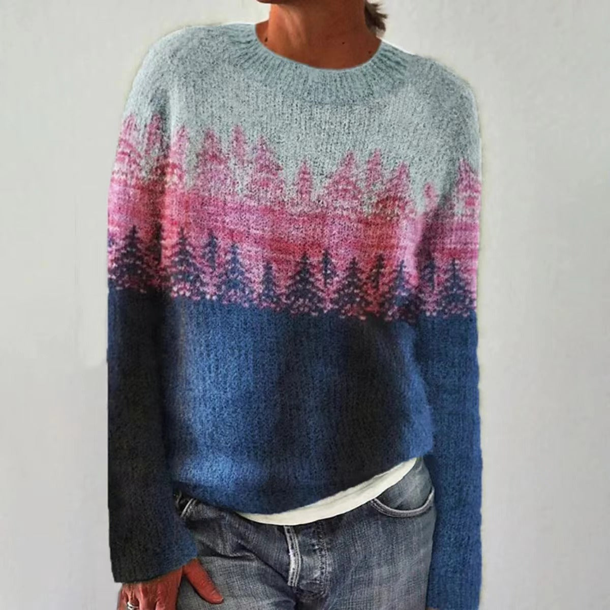 NOUVEAU RICHE Vintage Pullover Kuscheliger Herbststrickpullover Klassisch Blau Rosa