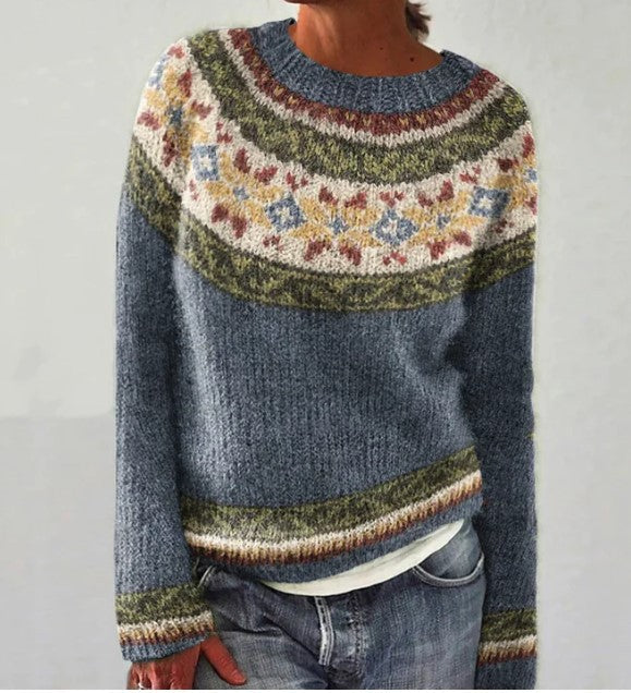 NOUVEAU RICHE Vintage Pullover Kuscheliger Herbststrickpullover Klassisch Blau Gelb