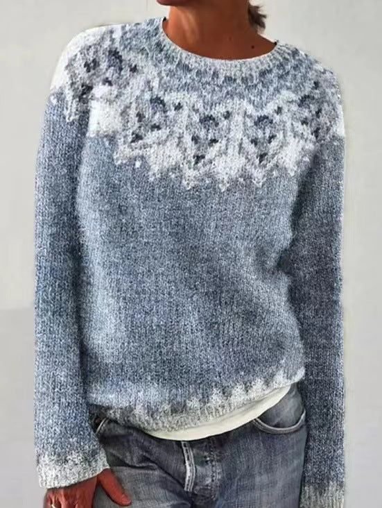 NOUVEAU RICHE Vintage Pullover Kuscheliger Herbststrickpullover Klassisch Grau Weiß