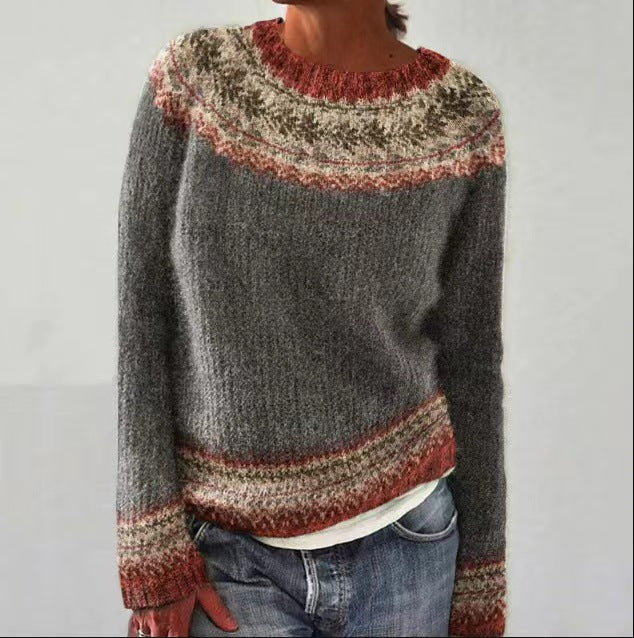 NOUVEAU RICHE Vintage Pullover Kuscheliger Herbststrickpullover Klassisch Grau Rot