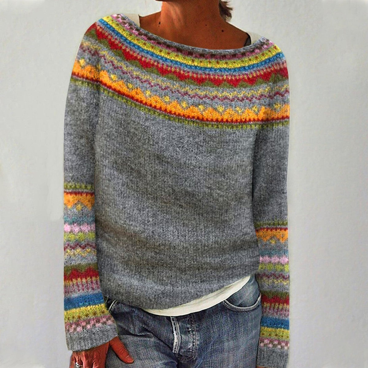 NOUVEAU RICHE Vintage Pullover Kuscheliger Herbststrickpullover Klassisch Grau Orange