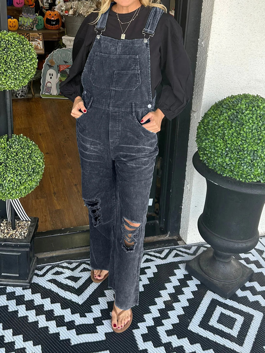 NOUVEAU RICHE Vintage-inspirierter Cord-Overall im Used-Look für Damen mit Entspannter Passform und Retro-Charme aus Weichem Hochwertigem Cordstoff Schwarz