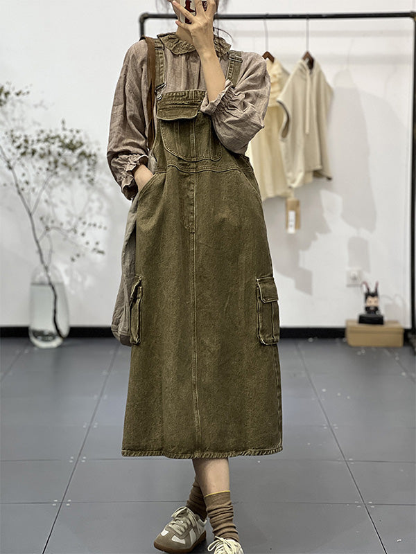 NOUVEAU RICHE Vintage-inspiriertes Cargo-Overallkleid Mit Verstellbaren Schultergurten Und Latztaschen Für Damen In Bequemer Passform Aus Hochwertigem Material Strohgrün