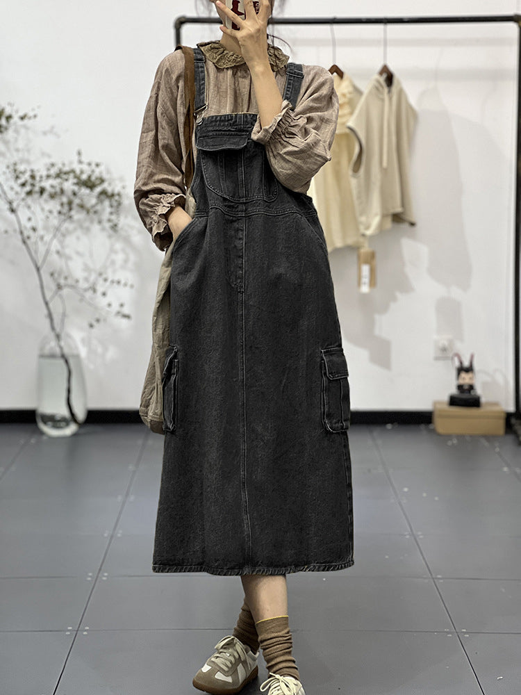 NOUVEAU RICHE Vintage Inspiriertes Cargo Overallkleid Mit Verstellbaren Schultergurten Und Latz Taschen Für Bequemen Und Stylischen Look Schwarz