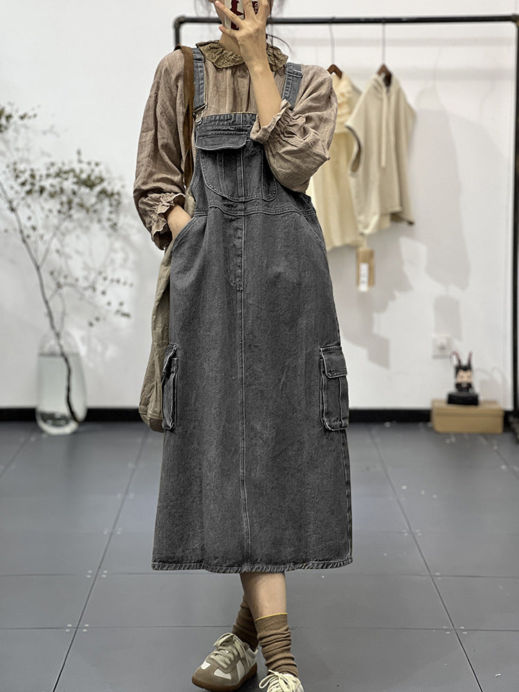 NOUVEAU RICHE Vintage-inspiriertes Cargo-Overallkleid Mit Verstellbaren Schultergurten Und Latztaschen Für Damen In Bequemer Passform Aus Hochwertigem Material Grau