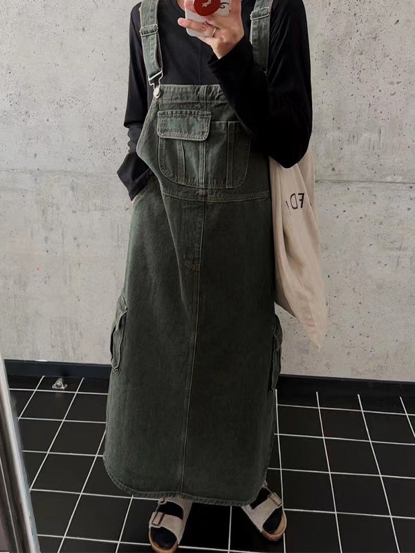 NOUVEAU RICHE Vintage-inspiriertes Cargo-Overallkleid Mit Verstellbaren Schultergurten Und Latztaschen Für Damen In Bequemer Passform Aus Hochwertigem Material Grün