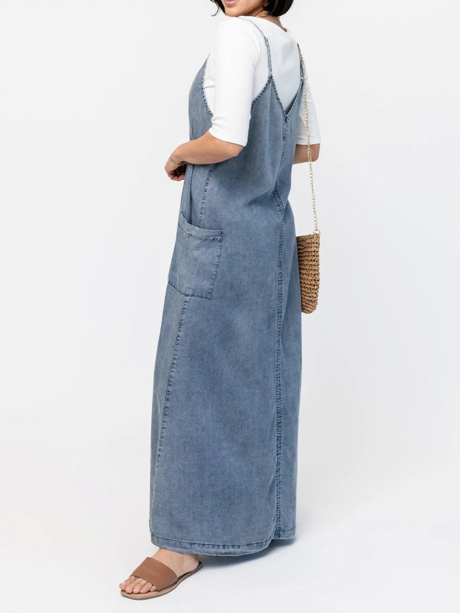 NOUVEAU RICHE Vintage Inspiriertes Locker Sitzendes Jeans Maxikleid Mit Spaghettiträgern Und V Ausschnitt Für Entspannten Tragekomfort An Warmen Tagen