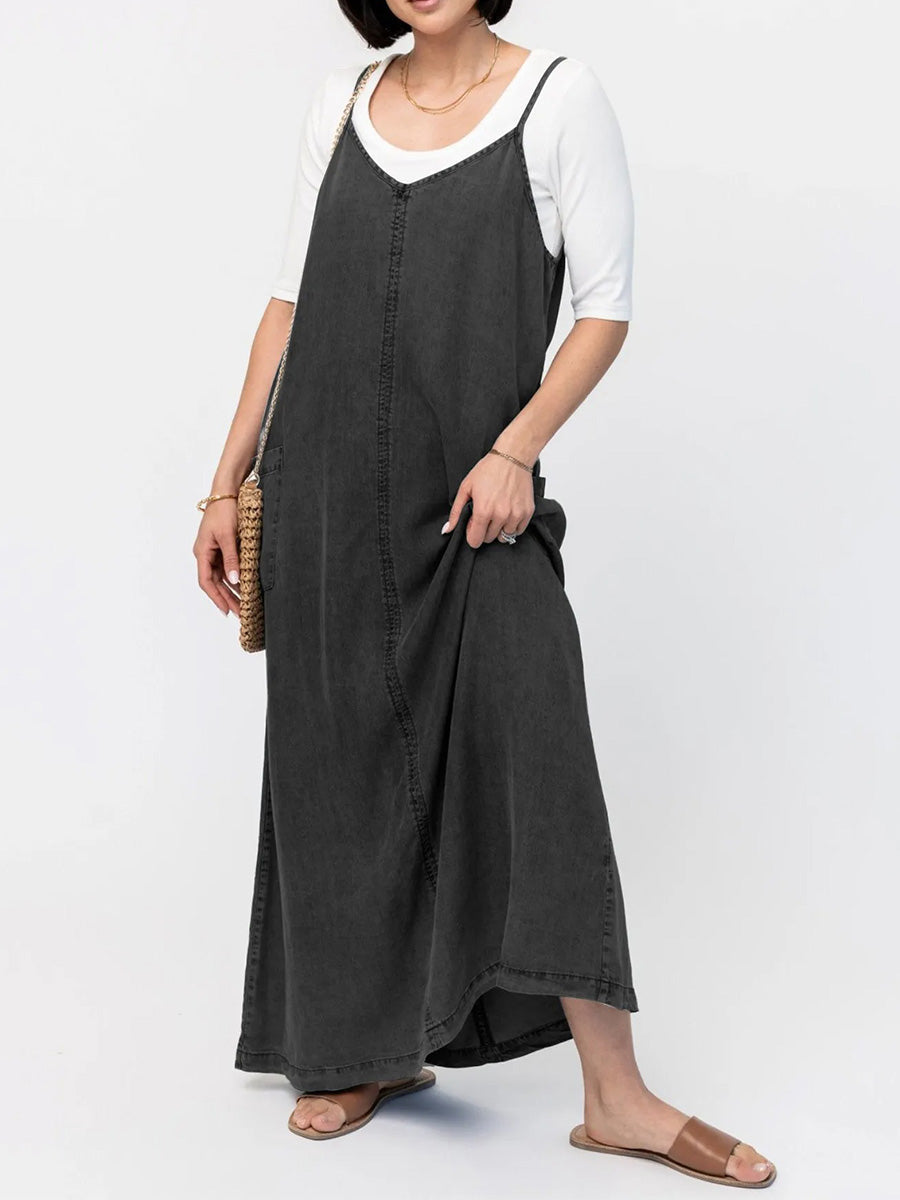 NOUVEAU RICHE Vintage Inspiriertes Locker Sitzendes Jeans Maxikleid Mit Spaghettiträgern Und V Ausschnitt Für Entspannten Tragekomfort An Warmen Tagen Schwarz