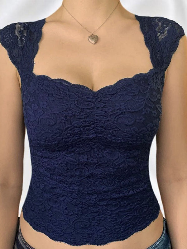 NOUVEAU RICHE Vintage Dunkelblaues Spitzentop Kurzarm Rundhals Elegant L