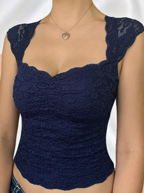 NOUVEAU RICHE Vintage Dunkelblaues Spitzentop Kurzarm Rundhals Elegant