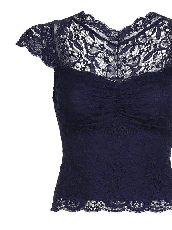 NOUVEAU RICHE Vintage Dunkelblaues Spitzentop Kurzarm Rundhals Elegant
