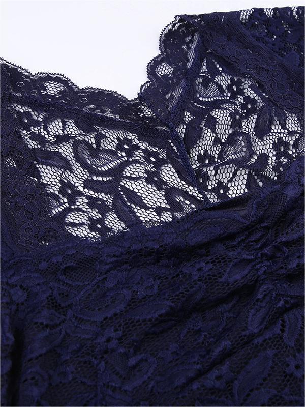 NOUVEAU RICHE Vintage Dunkelblaues Spitzentop Kurzarm Rundhals Elegant