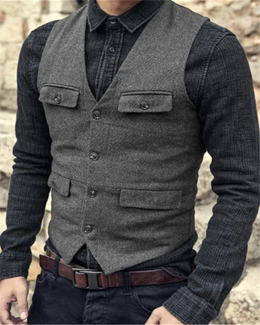 NOUVEAU RICHE Vintage Einreihige Weste Herren Gilet – Klassisch, Polyester-Mischung Grau