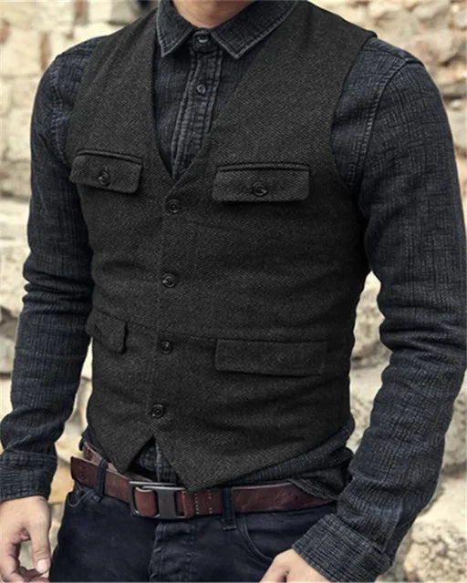 NOUVEAU RICHE Vintage Einreihige Weste Herren Gilet – Klassisch, Polyester-Mischung Schwarz