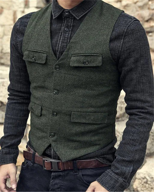 NOUVEAU RICHE Vintage Einreihige Weste Herren Gilet – Klassisch, Polyester-Mischung Olivegrün