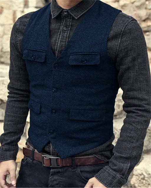 NOUVEAU RICHE Vintage Einreihige Weste Herren Gilet – Klassisch, Polyester-Mischung Marineblau