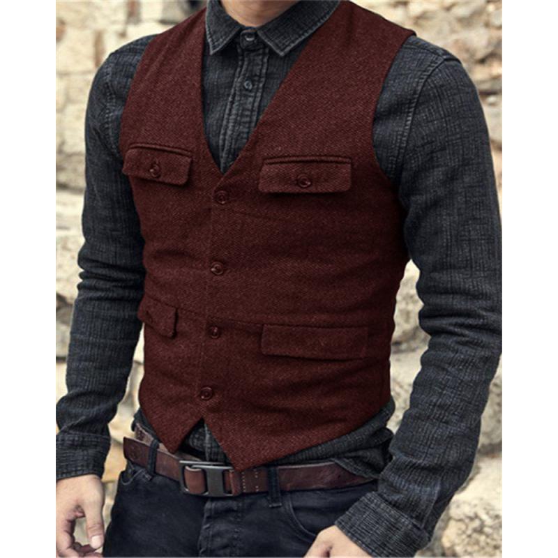 NOUVEAU RICHE Vintage Einreihige Weste Herren Gilet – Klassisch, Polyester-Mischung Dunkelrot