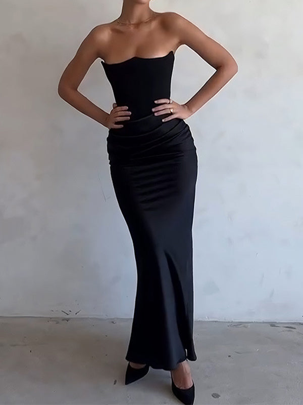 NOUVEAU RICHE Vintage Satin Bandeau Maxi Kleid Mit Korsettrüschen