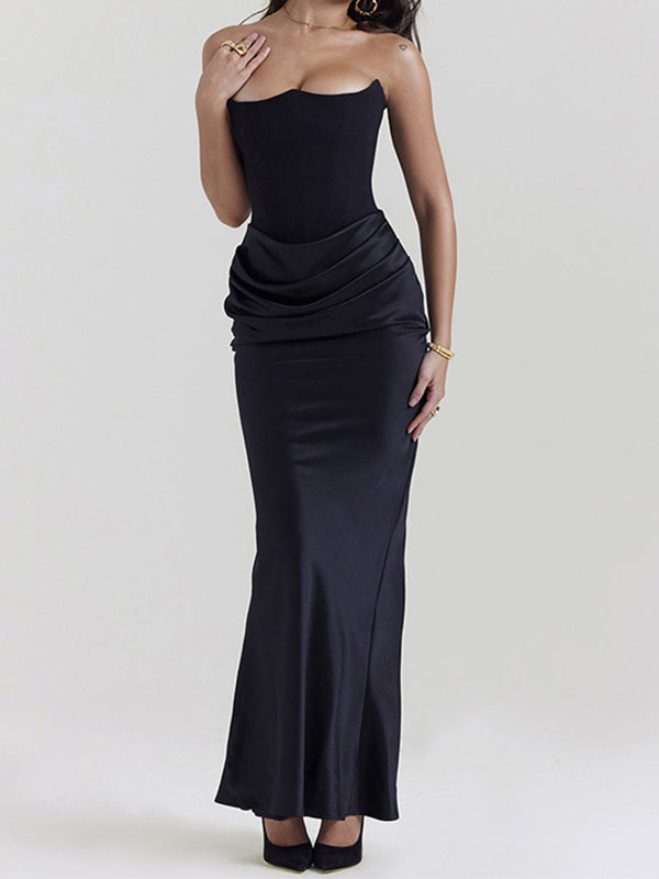 NOUVEAU RICHE Vintage Satin Bandeau Maxi Kleid Mit Korsettrüschen