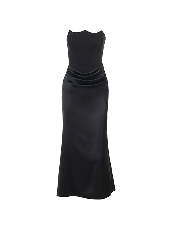 NOUVEAU RICHE Vintage Satin Bandeau Maxi Kleid Mit Korsettrüschen