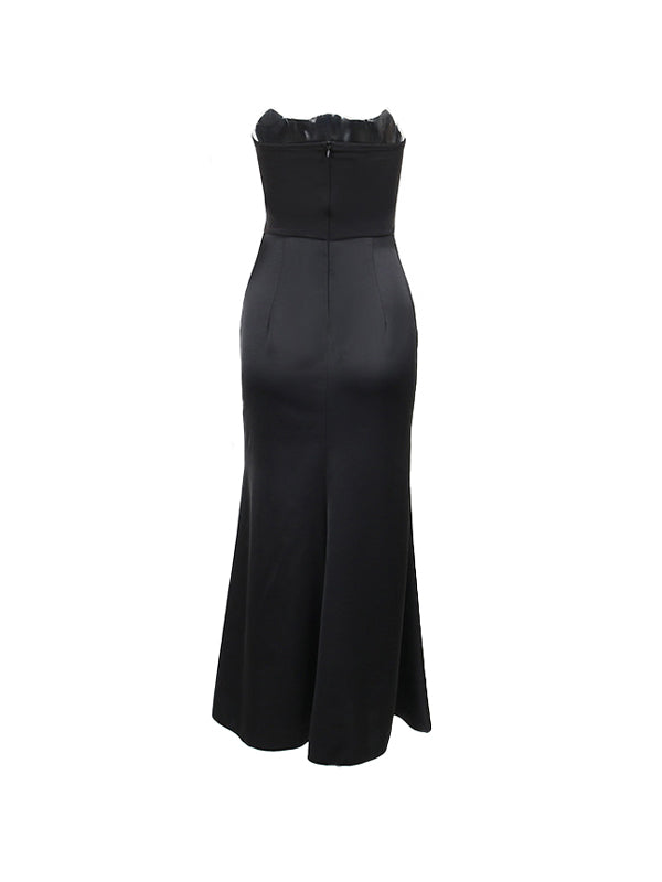 NOUVEAU RICHE Vintage Satin Bandeau Maxi Kleid Mit Korsettrüschen