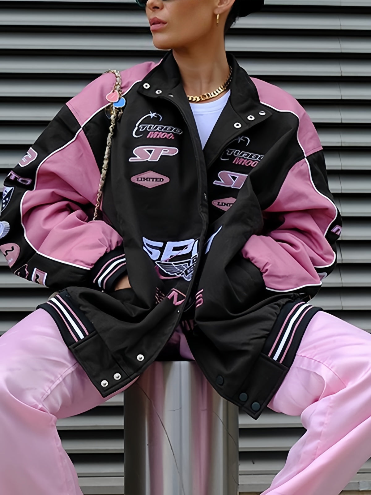NOUVEAU RICHE Vintage Raglan Motorradjacke Schwarz Pink Mit Slogan L