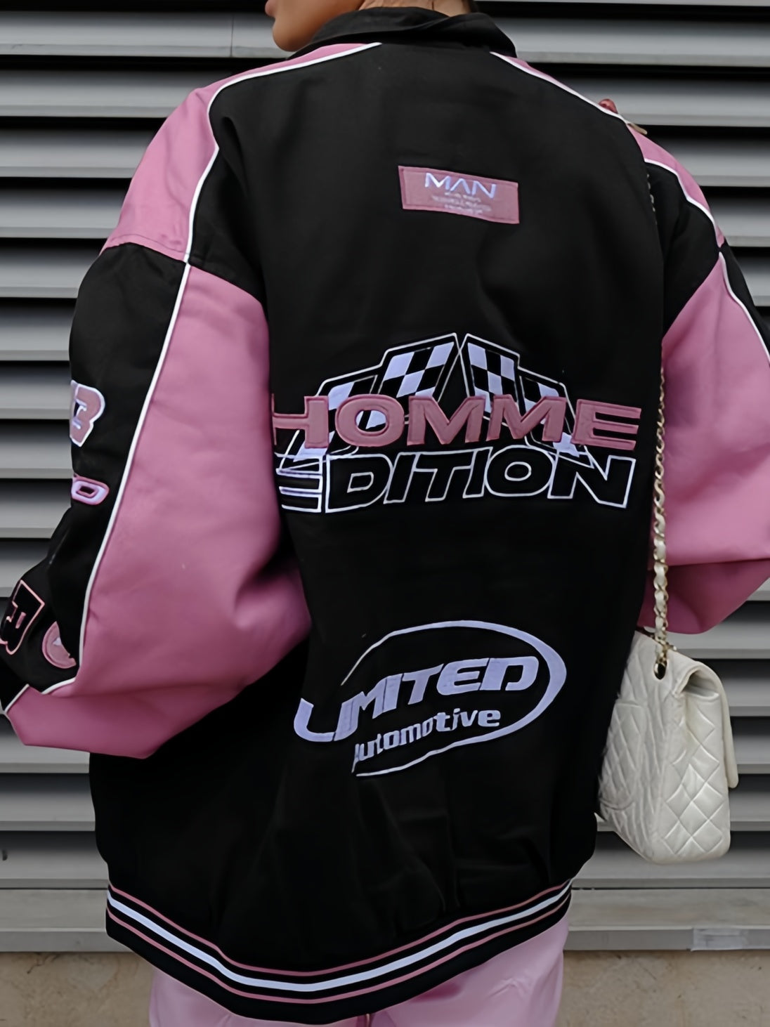 NOUVEAU RICHE Vintage Raglan Motorradjacke Schwarz Pink Mit Slogan