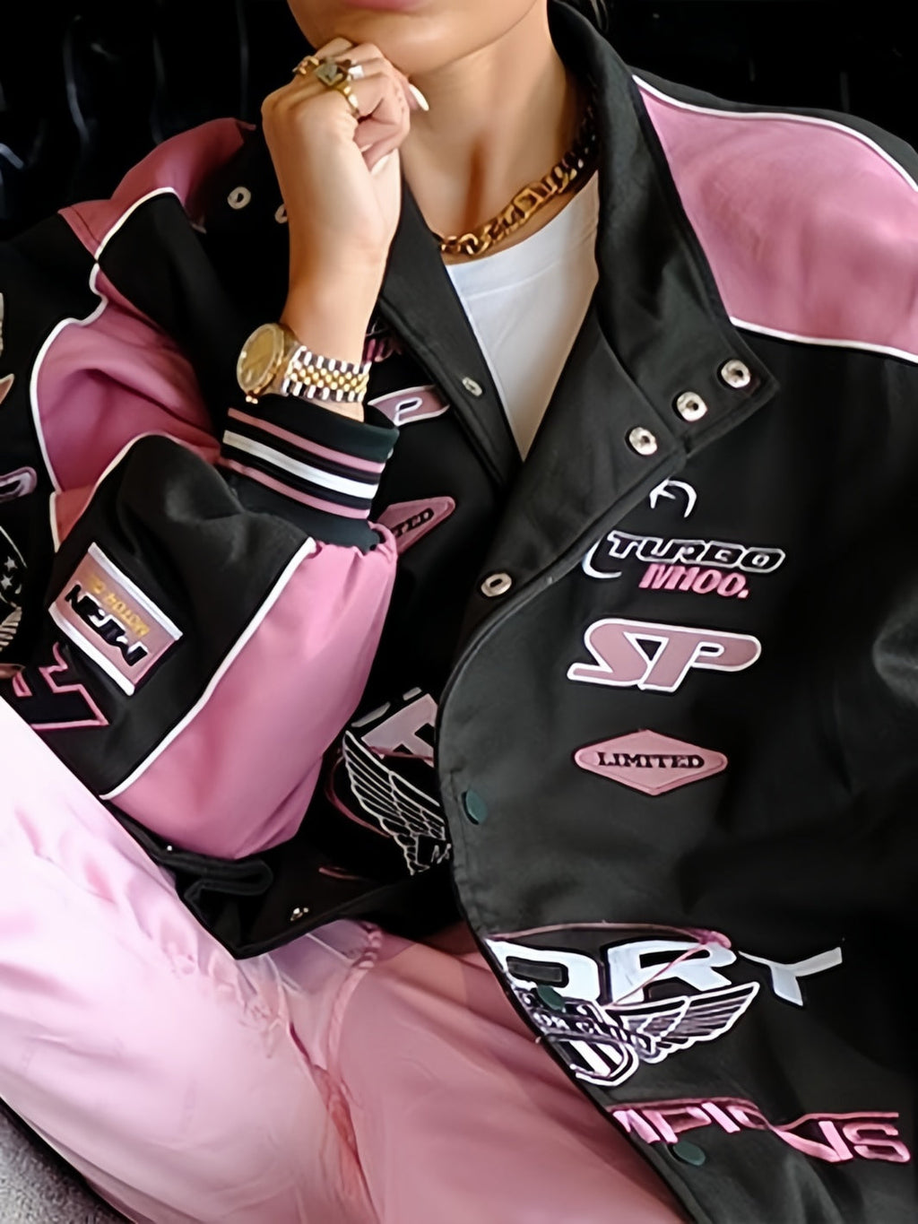 NOUVEAU RICHE Vintage Raglan Motorradjacke Schwarz Pink Mit Slogan