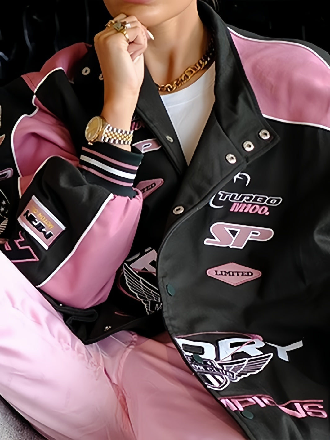 NOUVEAU RICHE Vintage Raglan Motorradjacke Schwarz Pink Mit Slogan
