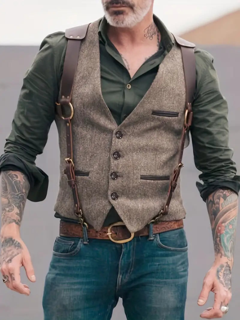 NOUVEAU RICHE Vintage V-Ausschnitt Weste Herren – Wendbar Schwarz, Hellbraun, Hellgrau Hellbraun