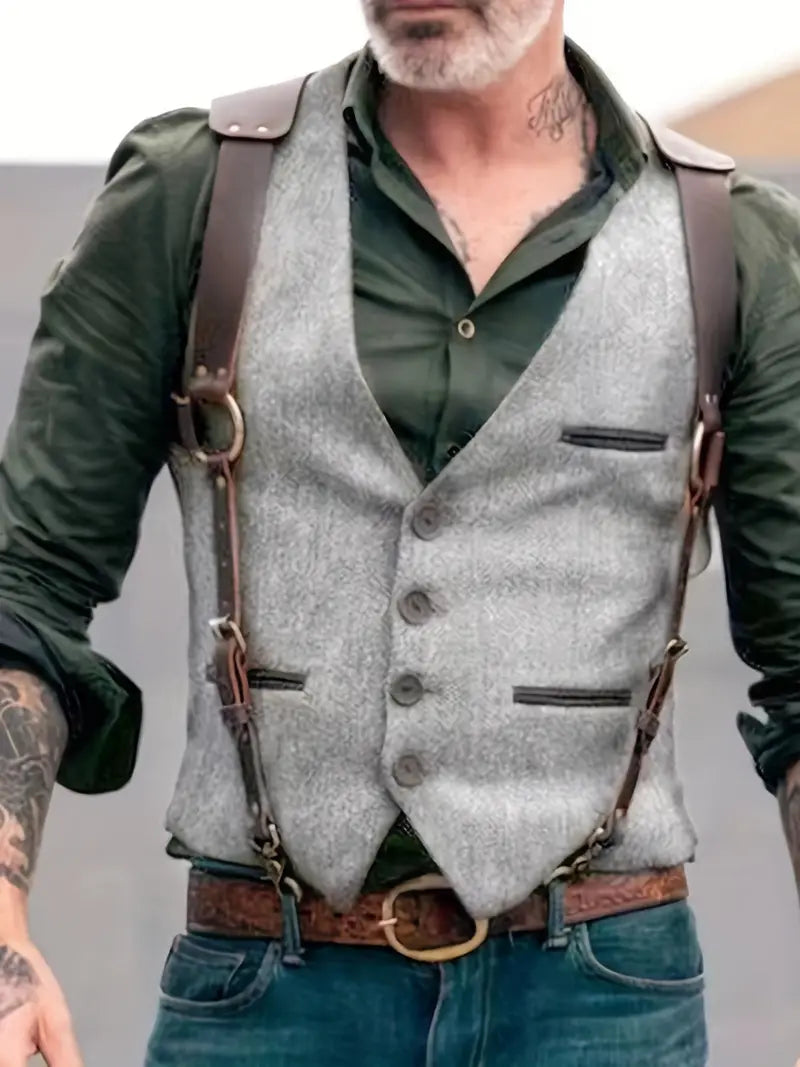 NOUVEAU RICHE Vintage V-Ausschnitt Weste Herren – Wendbar Schwarz, Hellbraun, Hellgrau Hellgrau