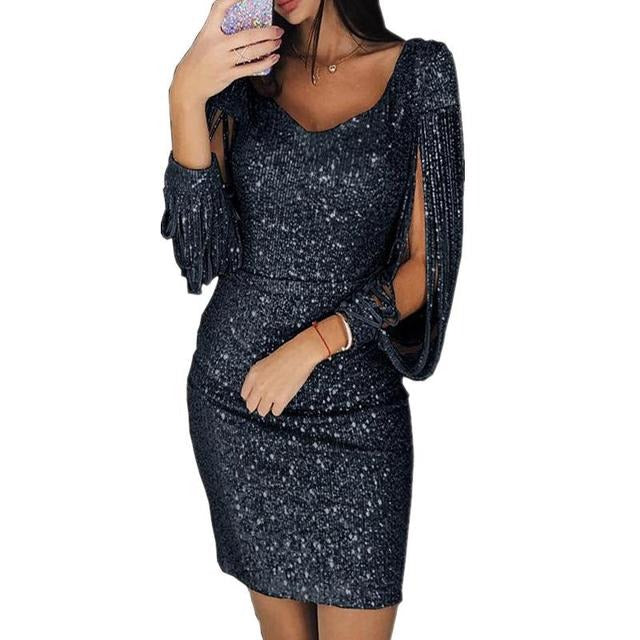 NOUVEAU RICHE Damen Partykleid Mit Pailletten V-Ausschnitt Glitzer Schwarz