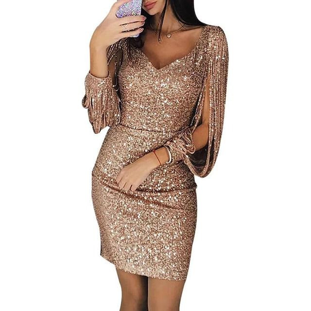 NOUVEAU RICHE Damen Partykleid Mit Pailletten V-Ausschnitt Glitzer Rosegold