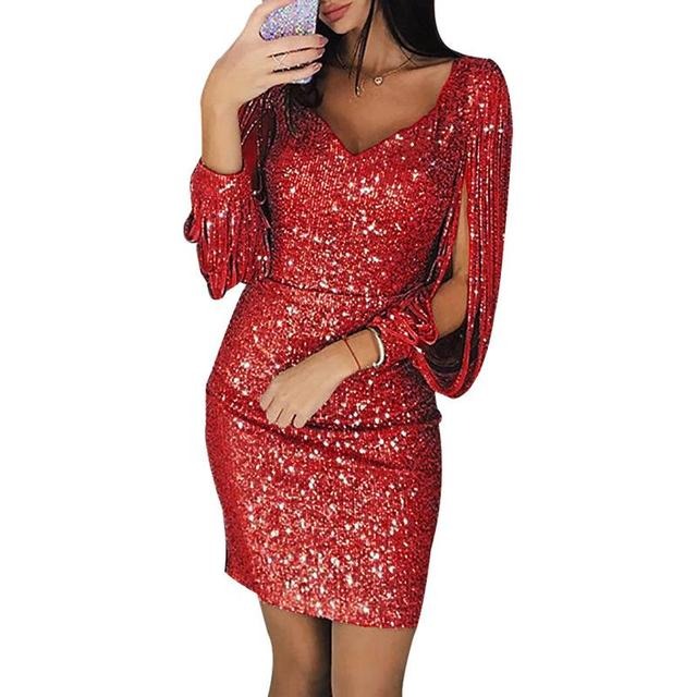 NOUVEAU RICHE Damen Partykleid Mit Pailletten V-Ausschnitt Glitzer Rot