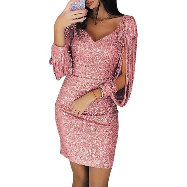 NOUVEAU RICHE Damen Partykleid Mit Pailletten V-Ausschnitt Glitzer Rosa