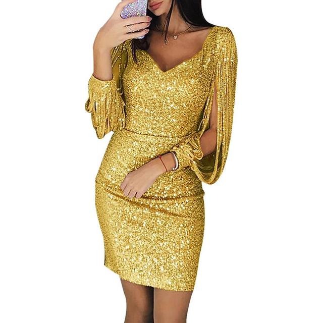 NOUVEAU RICHE Damen Partykleid Mit Pailletten V-Ausschnitt Glitzer Gelb