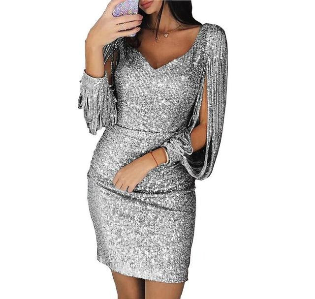 NOUVEAU RICHE Damen Partykleid Mit Pailletten V-Ausschnitt Glitzer Silber
