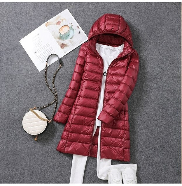 NOUVEAU RICHE Pufferjacke Ultraleicht Lang Packbar Nylon Schwarz Winter - Winterjacke - Wintermäntel Damen Weinrot