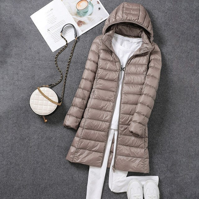 NOUVEAU RICHE Pufferjacke Ultraleicht Lang Packbar Nylon Schwarz Winter - Winterjacke - Wintermäntel Damen Khakifarben