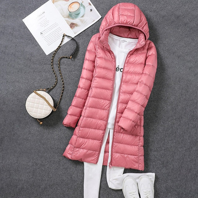 NOUVEAU RICHE Pufferjacke Ultraleicht Lang Packbar Nylon Schwarz Winter - Winterjacke - Wintermäntel Damen Rosa