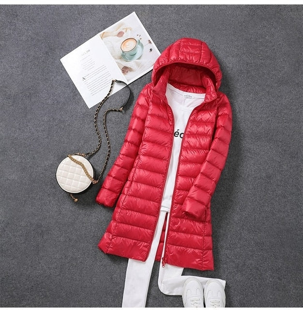 NOUVEAU RICHE Pufferjacke Ultraleicht Lang Packbar Nylon Schwarz Winter - Winterjacke - Wintermäntel Damen Rot