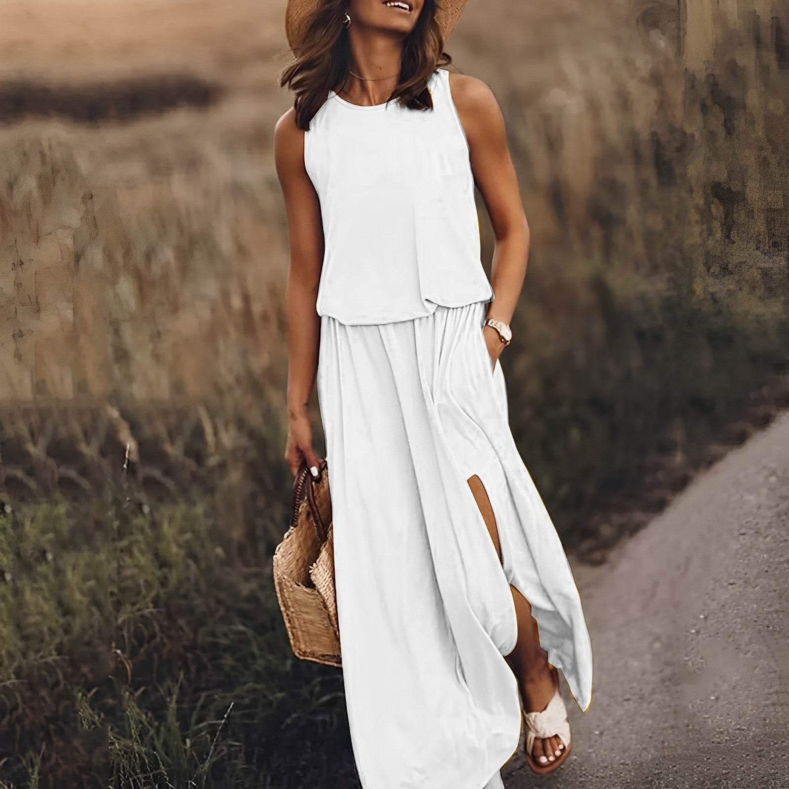 NOUVEAU RICHE Maxikleid Damen Boho Weiß Ohne Ärmel Schlitz Sommer Strand Weiß