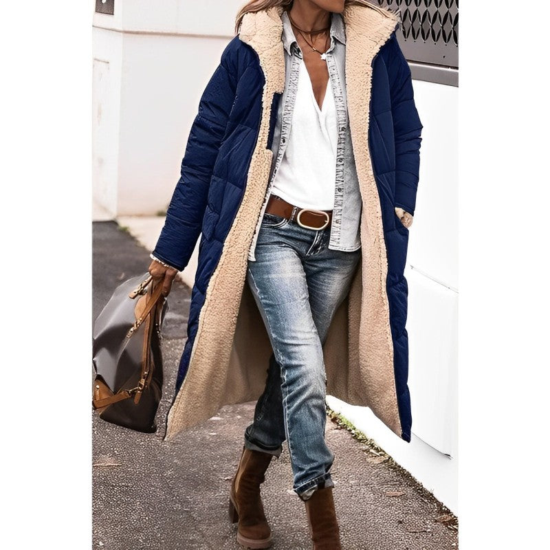 NOUVEAU RICHE Mantel Damen Lang Grau Warmer Wintermantel Stilvoll - Winterjacke - Wintermäntel Damen Marineblau