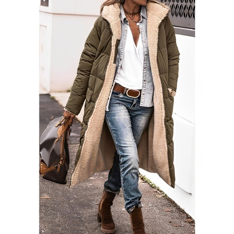 NOUVEAU RICHE Mantel Damen Lang Grau Warmer Wintermantel Stilvoll - Winterjacke - Wintermäntel Damen Armeegrün